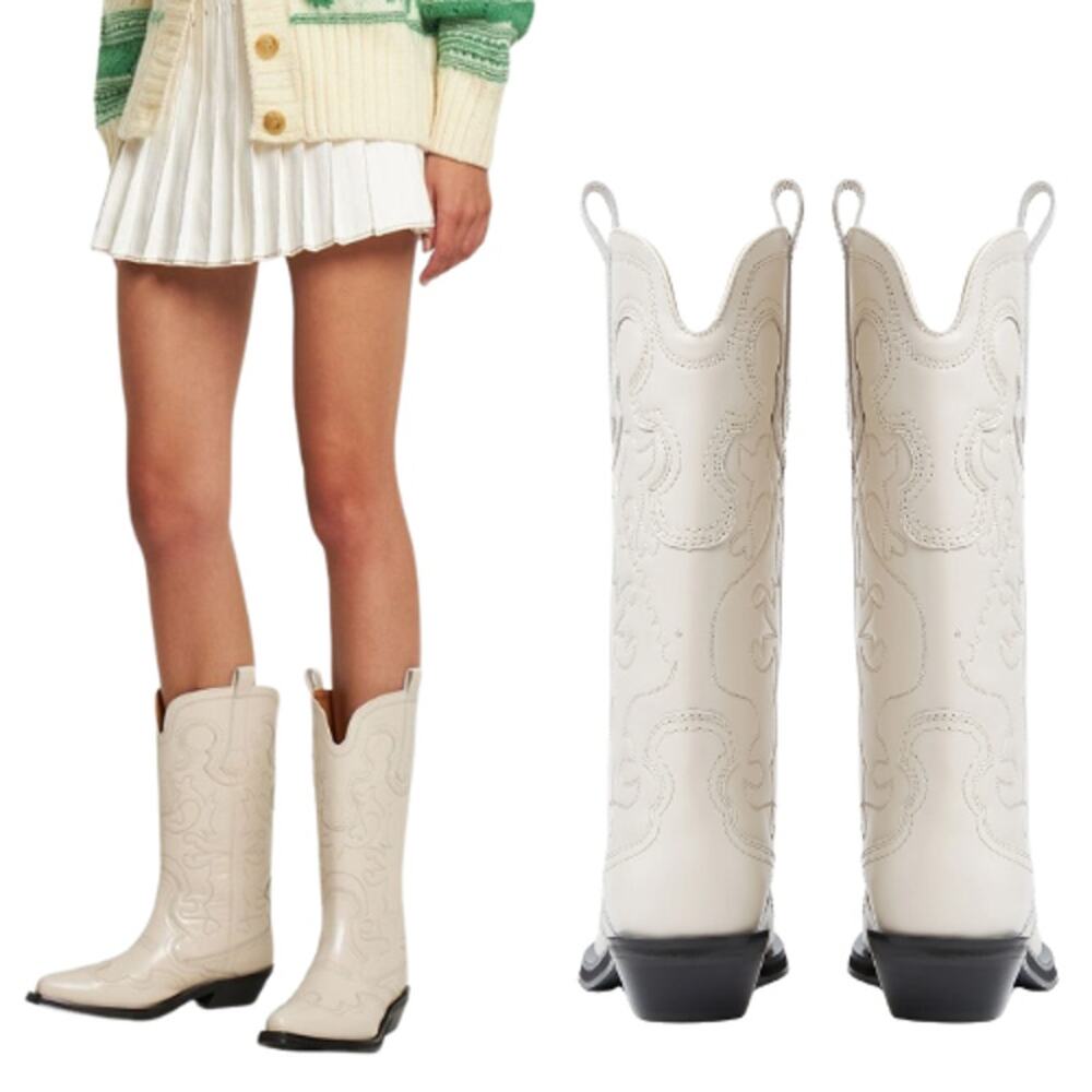 NEW Ganni Embroidered Western Pointed Toe Stacked Heels Boots White Size: 8
